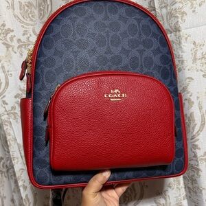 Coach Navy And Red Signature Canvas Leather Backpack